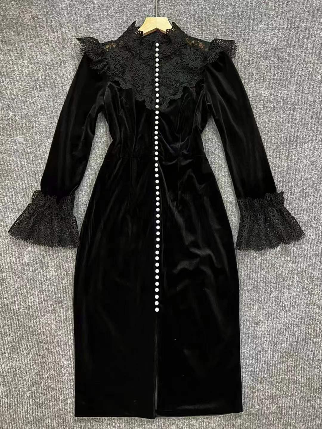 Black Long Sleeve Midi Dress with Lace and Pearls