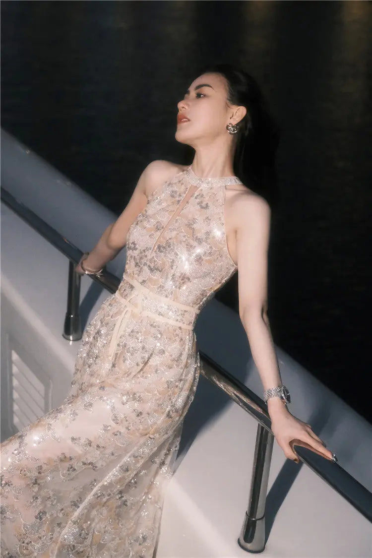 Gold Couture with Floral Embroidery Sequin Banquet Dress