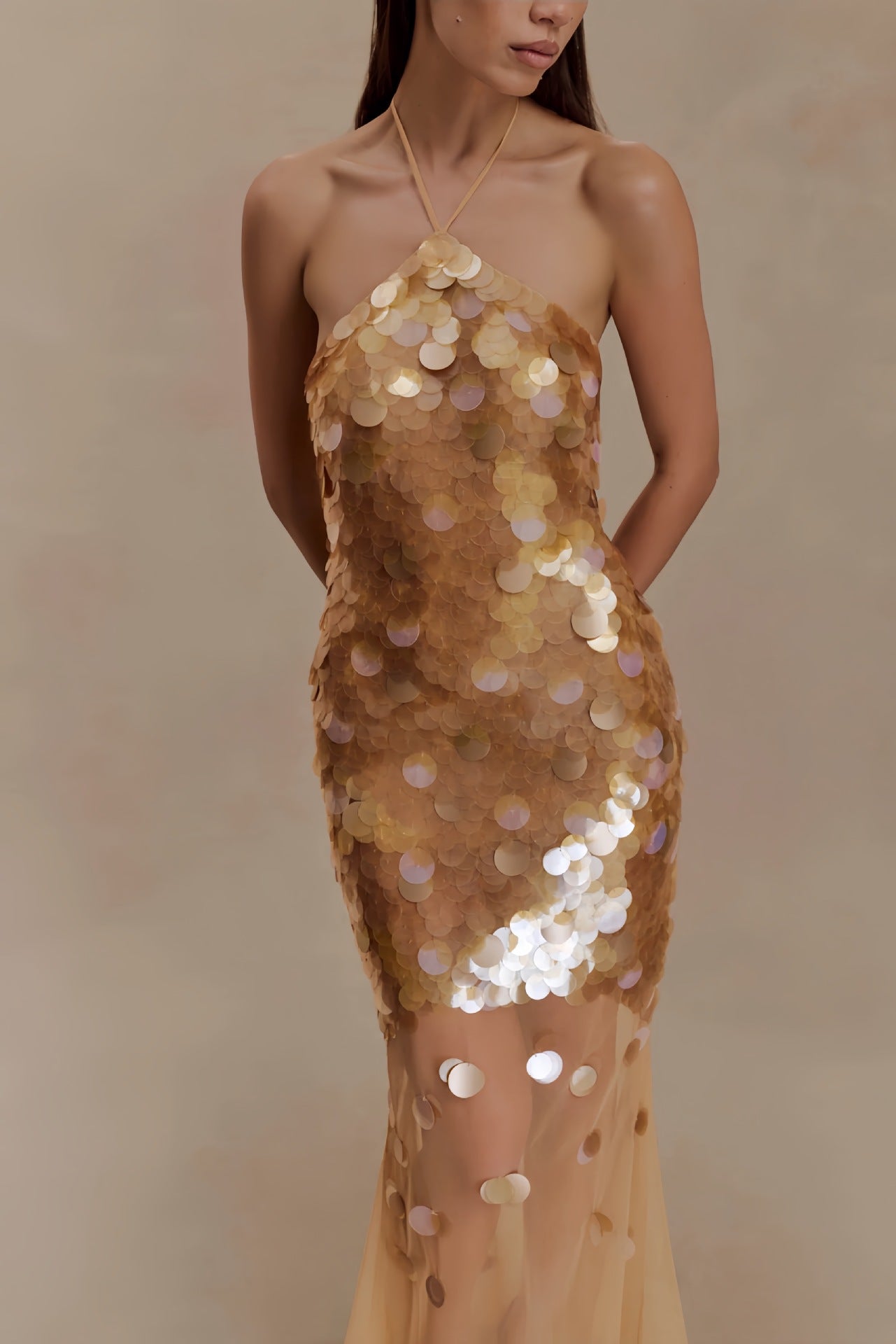 Sequin Embellished Backless Maxi Dress - Gold