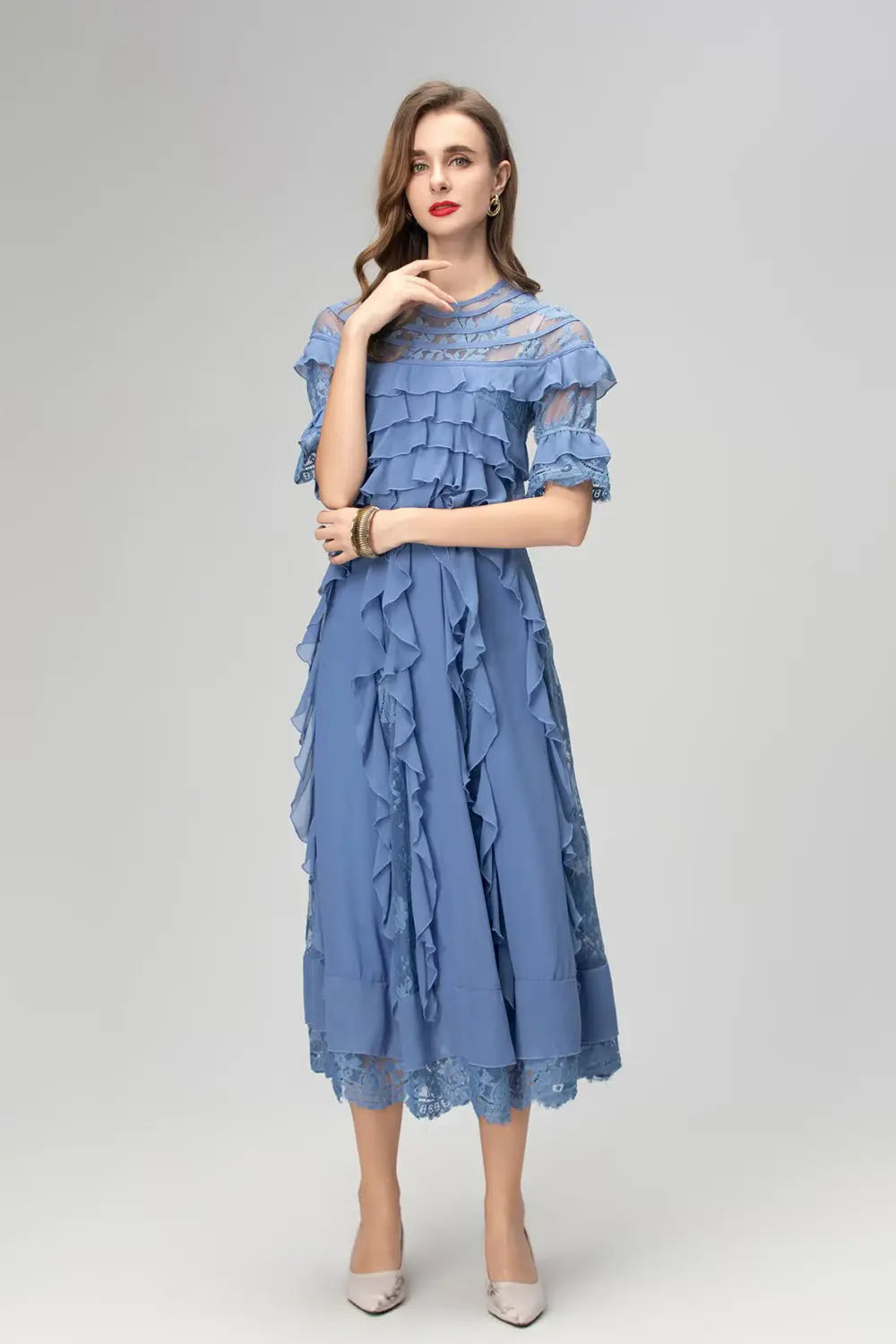 Lace Ruffle Trim Midi Dress in Blue