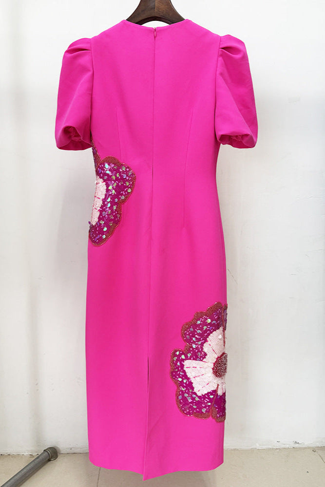 Sequin Flower Embellished Puff Sleeve Midi Dress in Pink