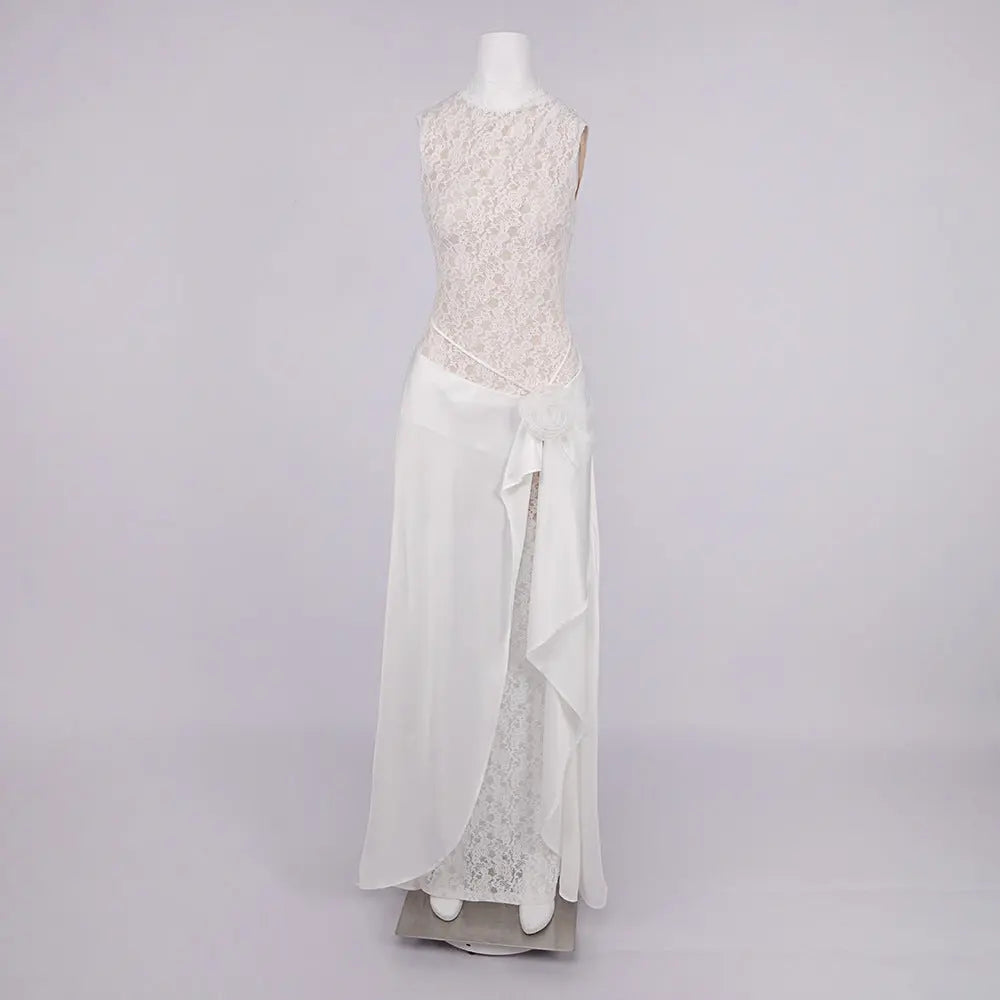 Flower Embellished Sleeveless Lace Maxi Dress in White