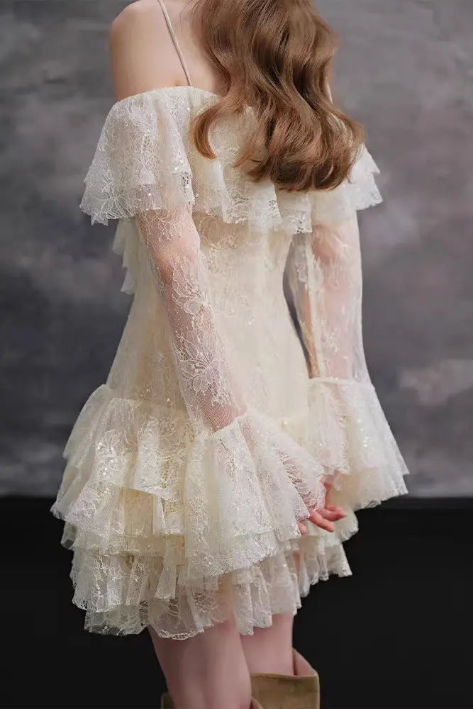 Off Shoulder Lace Ruffle Mini Dress