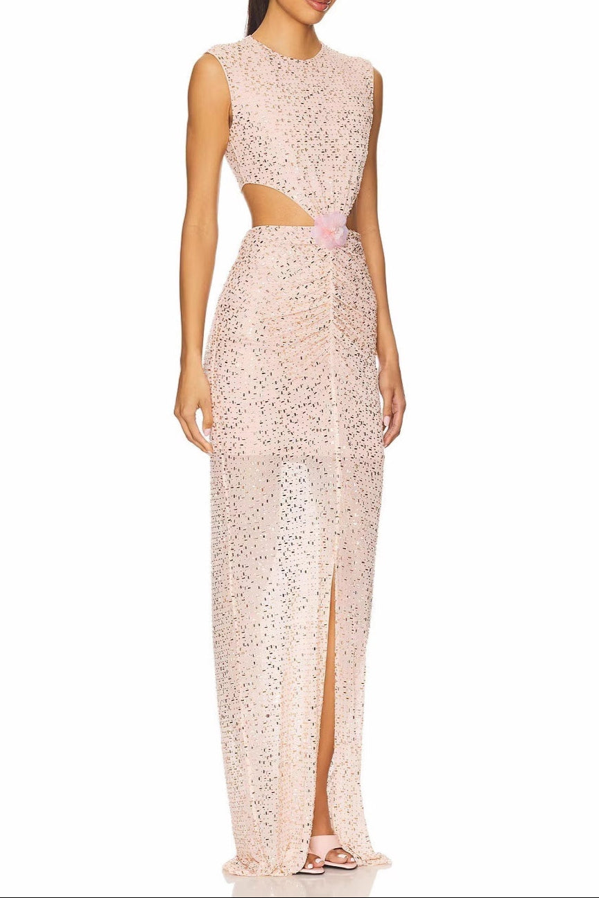 Flower Sequin Cutout Maxi Dress in Apricot