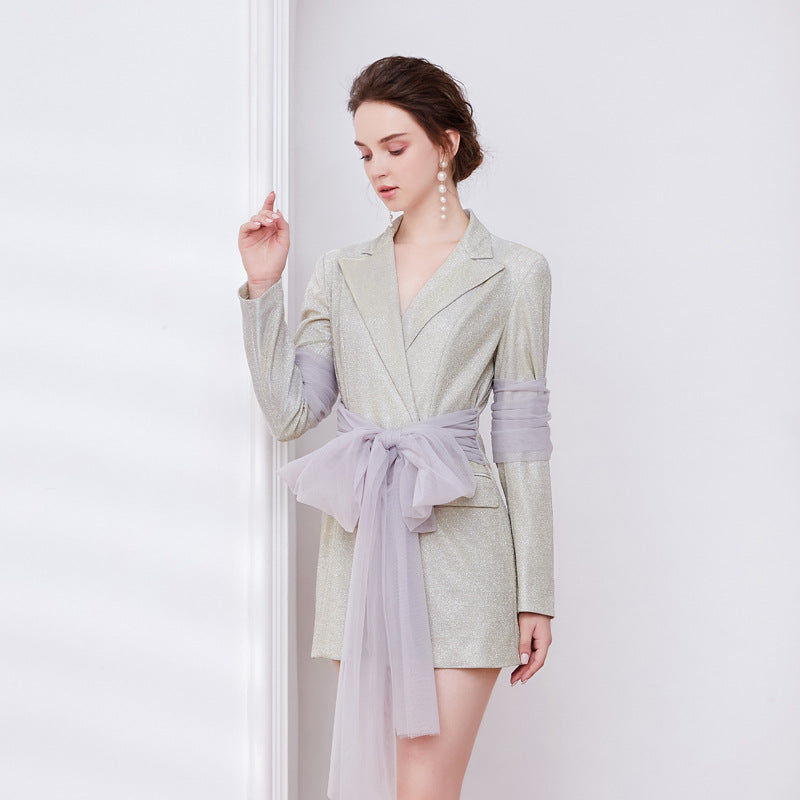 Mesh Ribbon Blazer Dress in Champagne
