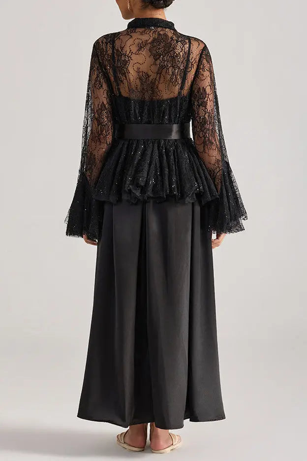 Black Lace Bell-Sleeve Ruffle Embroidered top maxi skirt set