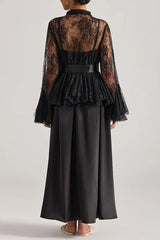 Black Lace Bell-Sleeve Ruffle Embroidered top maxi skirt set