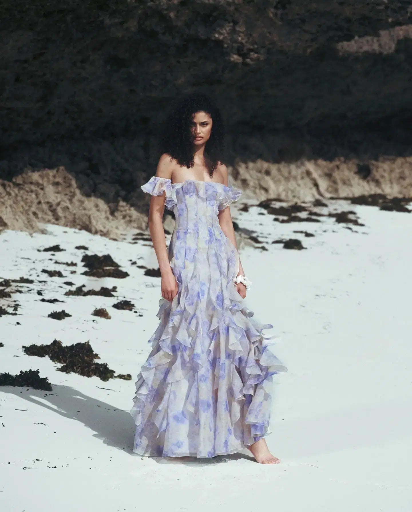 Floral Frill Off-Shoulder Maxi Dress in Blue