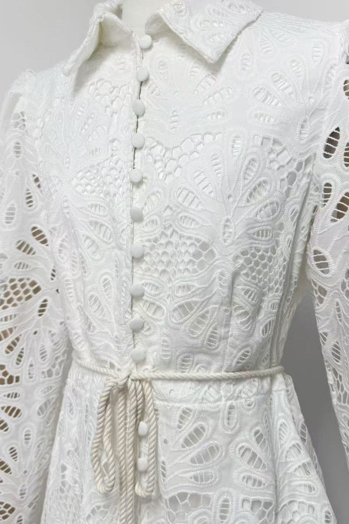 Hollow Embroidery Puff Sleeve Mini Dress in White
