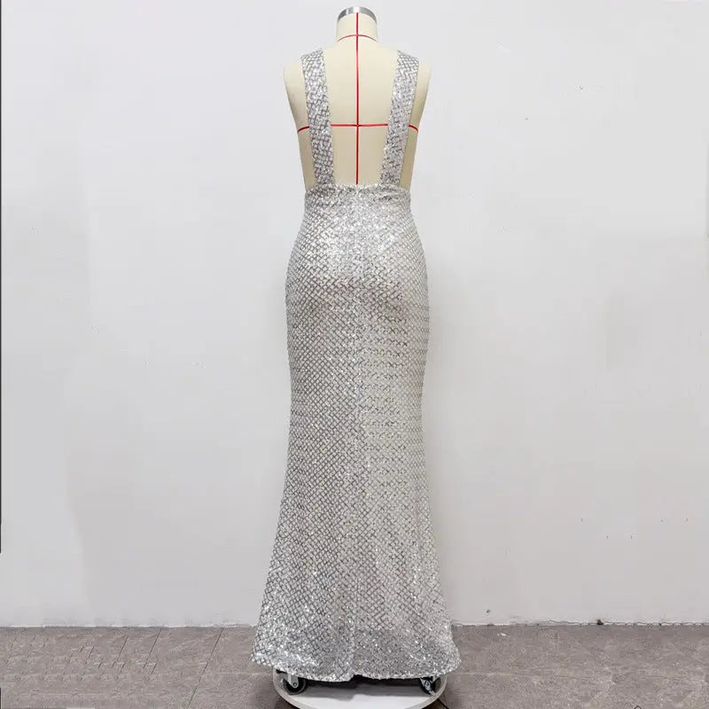 Sequin Embellished V Neck Maxi Dress in Silver