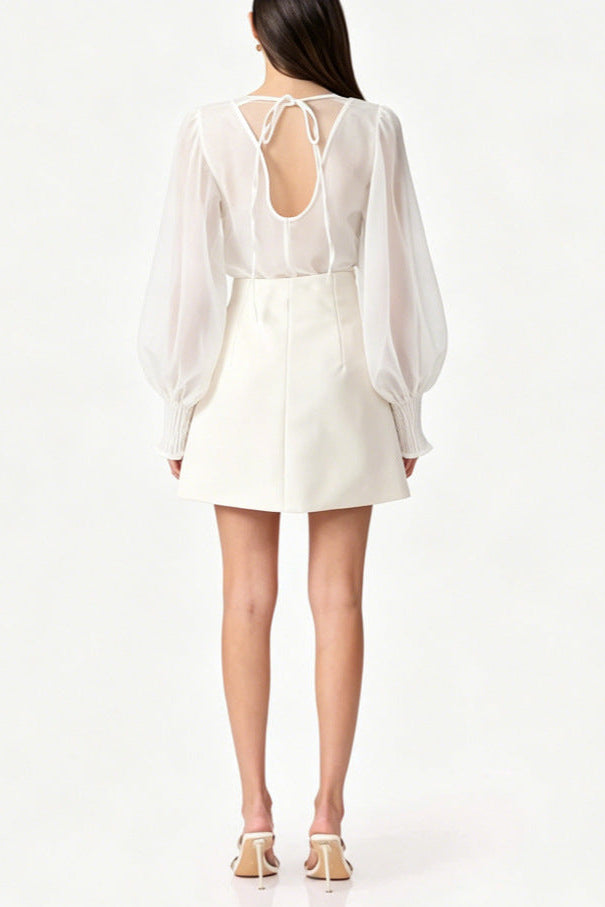 Floral Sheer Organza BlouSequin & Mini Skirt Set - White