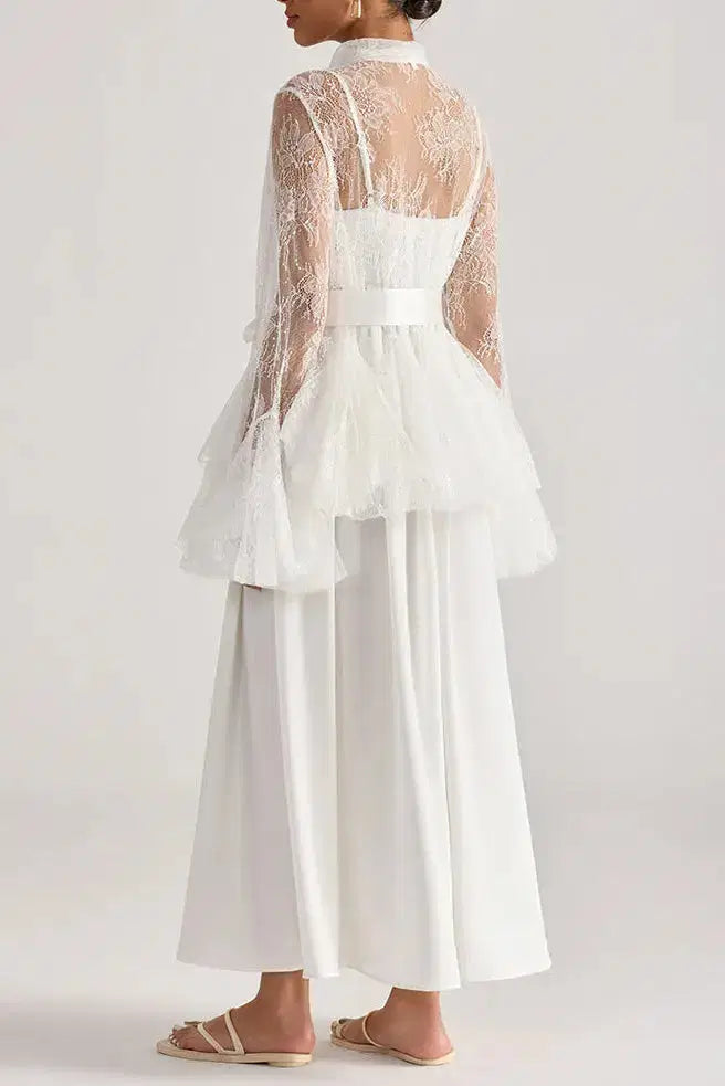 White Lace Bell-Sleeve Ruffle Embroidered Top Maxi Skirt Set