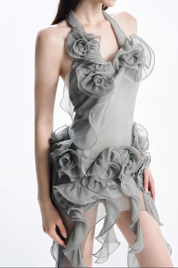 Grey Flower Folds Streame Mini Dress