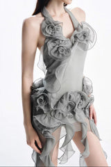 Grey Flower Folds Streame Mini Dress