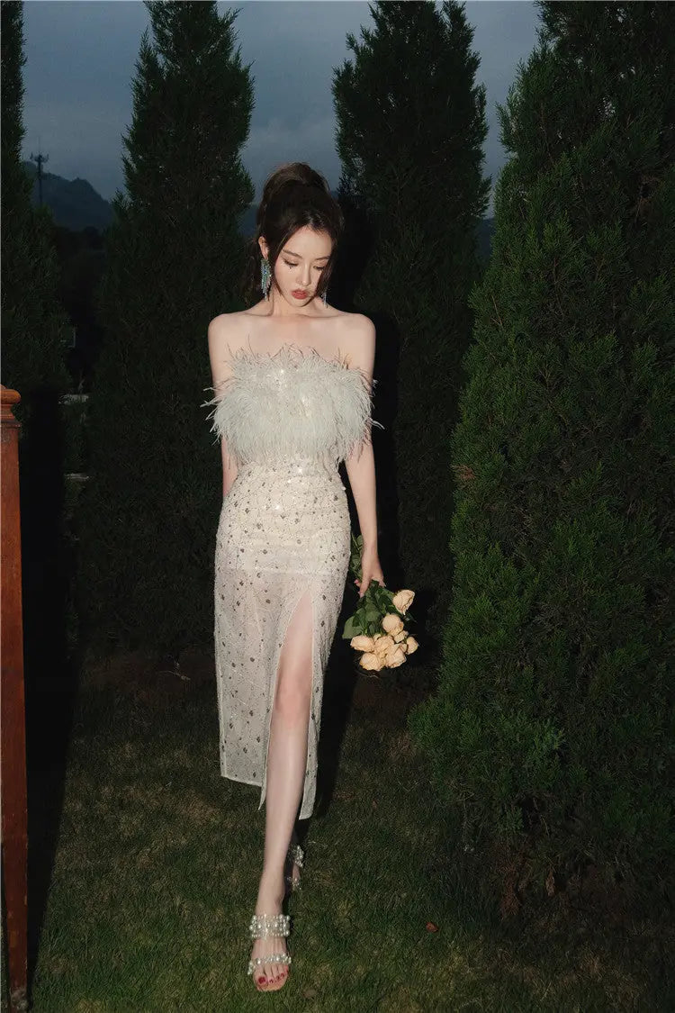 White Haute Couture Feather Sequin Dress