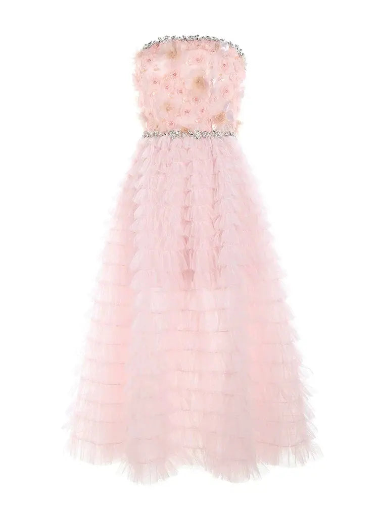 Pink Princess Ruffle Midi Floral Embroidery Dress