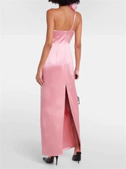 One-Shoulder 3D Flower Satin Maxi Dress in Pink