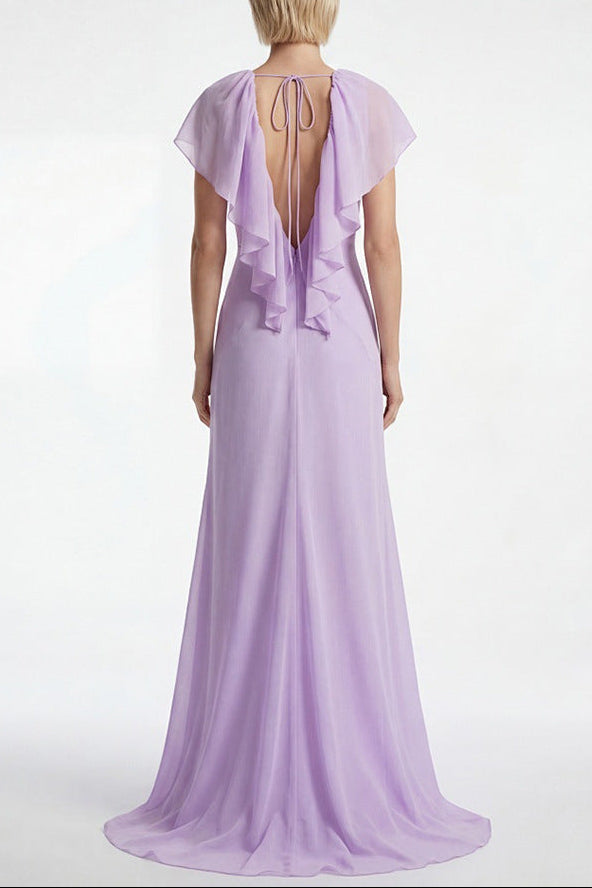 Deep V-Neck Lace Backless Maxi Dress in Purple