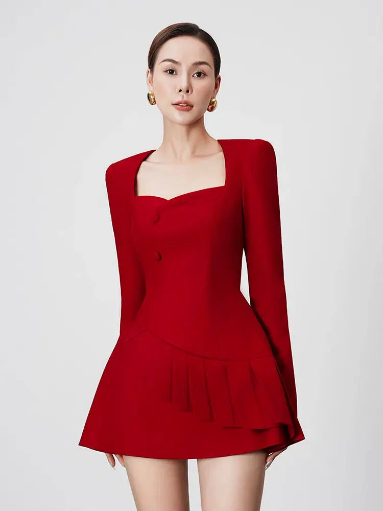 Red Square Neck Long Sleeve A-Line Mini Dress
