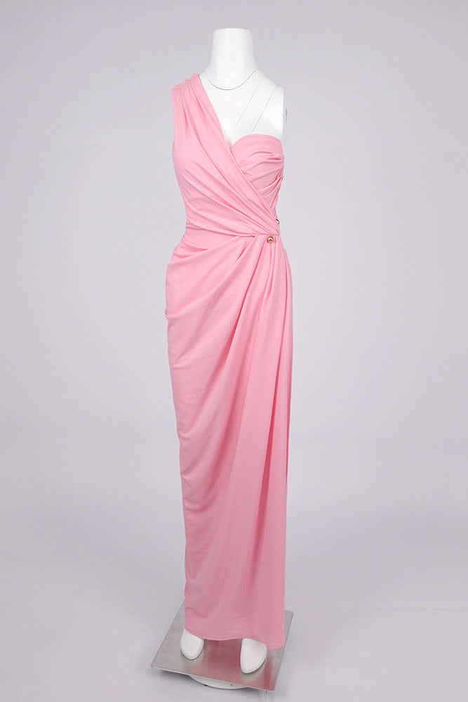 One-Shoulder Slant Neck Maxi Dress in pink