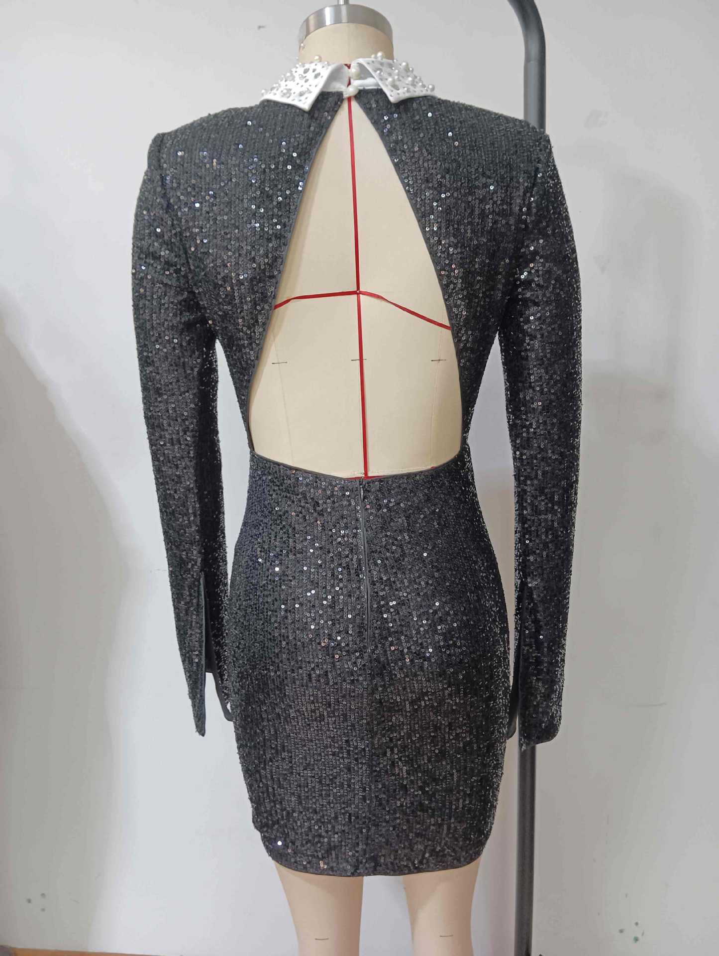 Long Sleeve Sequin Backless Mini Dress in Black