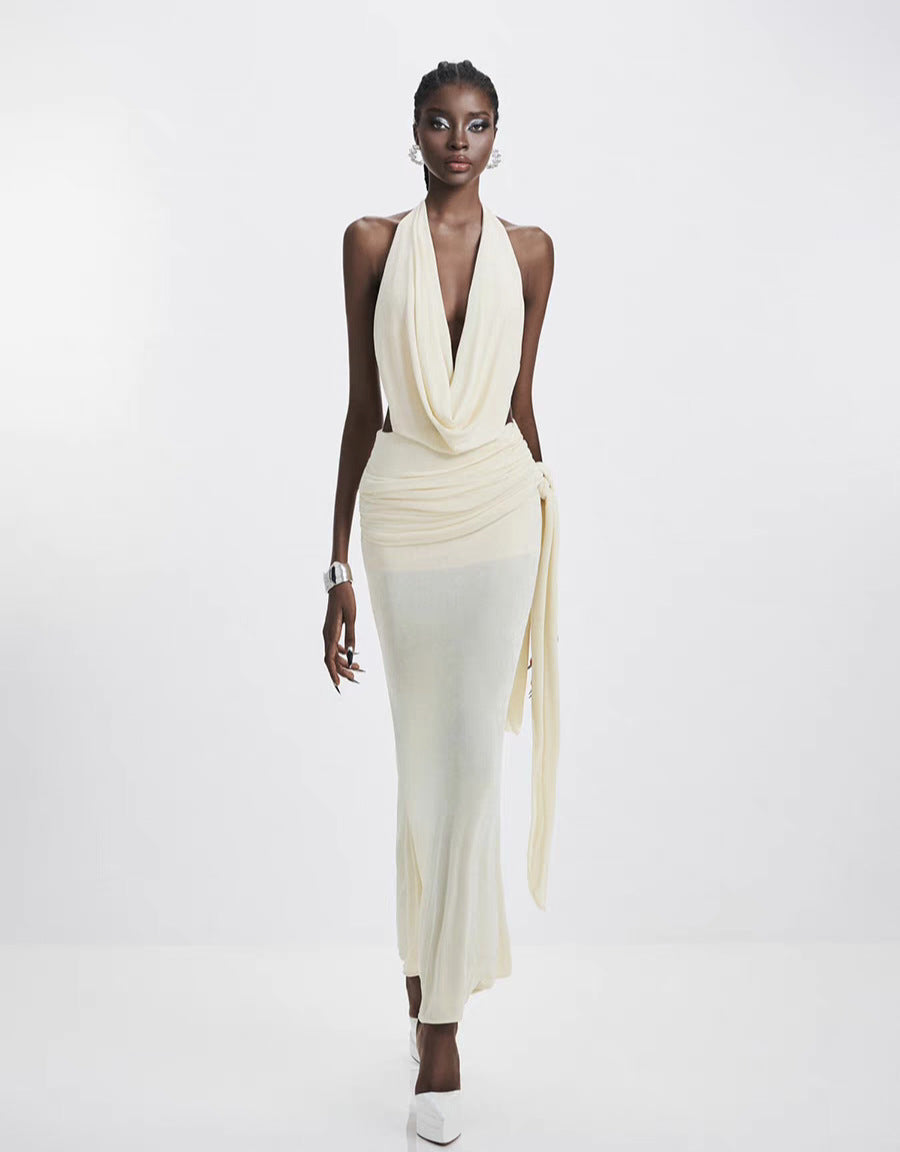 Ruched Halter Bodycon Maxi Dress in White