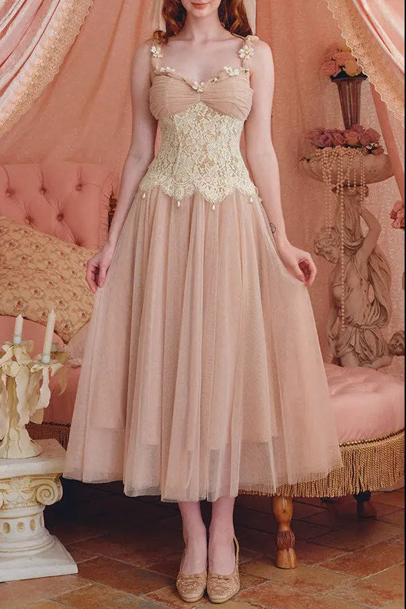Sequin Lace Mesh Flower Detail Maxi Dress in Cream Pink