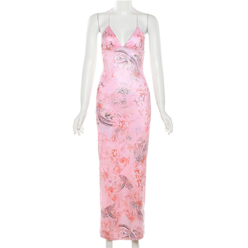 Printed Strappy Backless Plunge Sheath Slip Maxi Dress