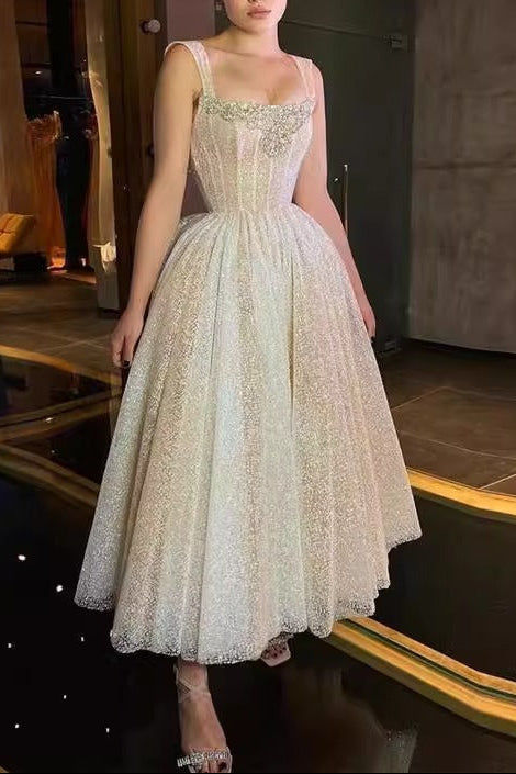 Square Neck Rhinestone Sequin Puffy Midi Dress - Silver