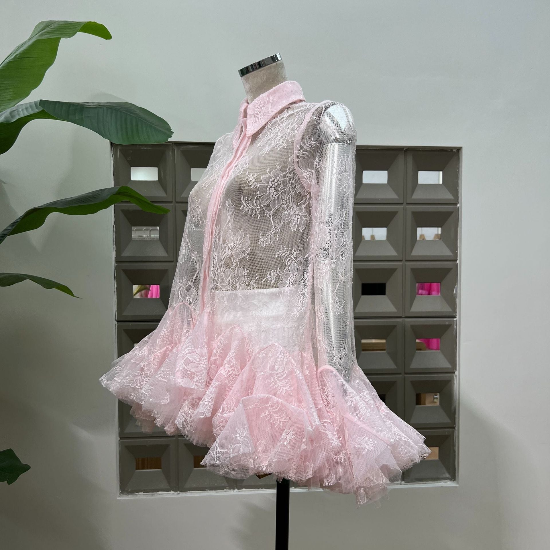 Pink Mesh Lace Ruffled Sleeve Shirt Dress Shorts Set