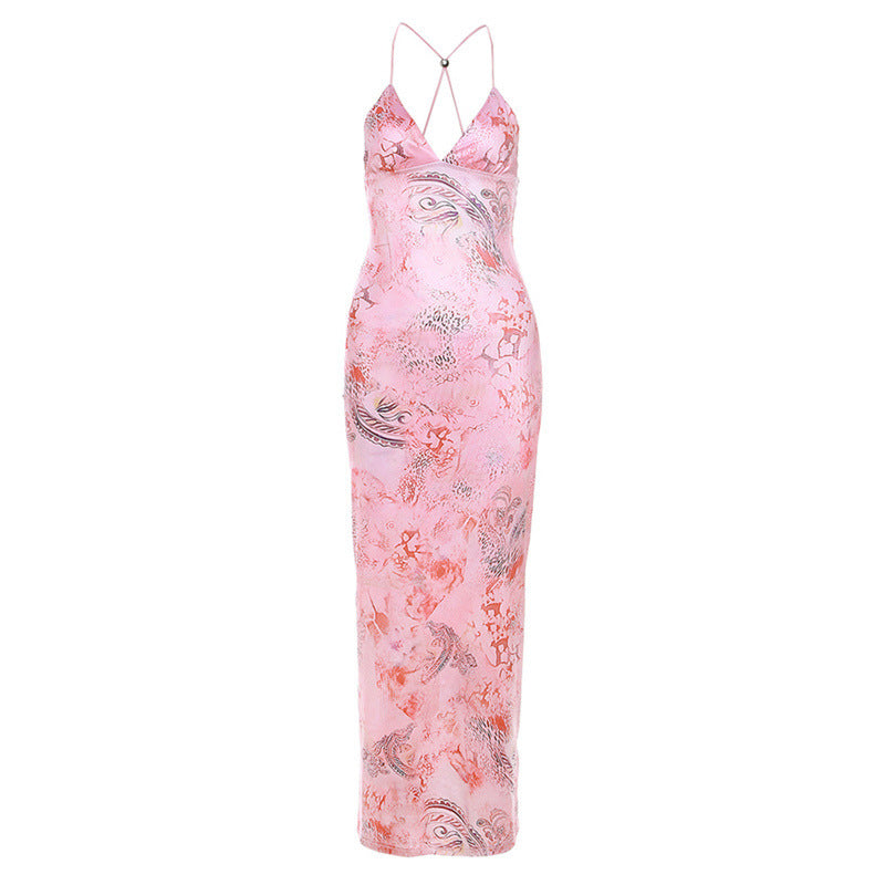 Printed Strappy Backless Plunge Sheath Slip Maxi Dress