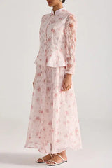 Pink Floral Embroidered Long-Sleeve Top Skirt Set