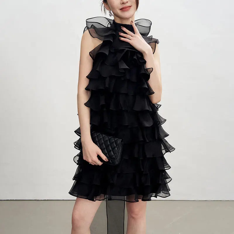 Ruffle Silk Organza Sleeveless Mini Dress in Black