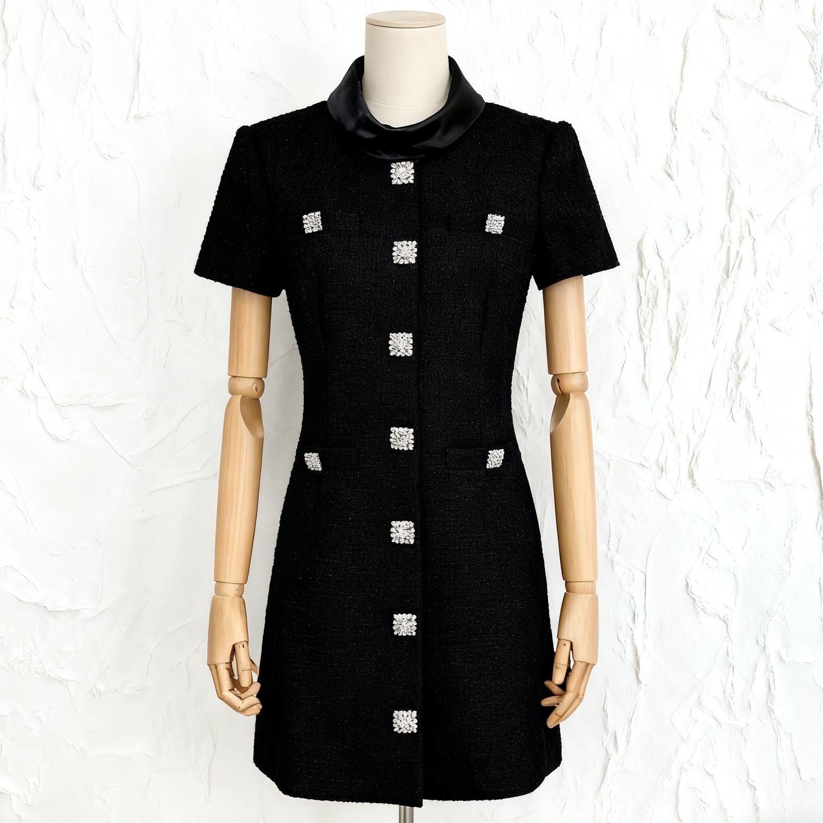 Boucle Collared Mini Dress in Black