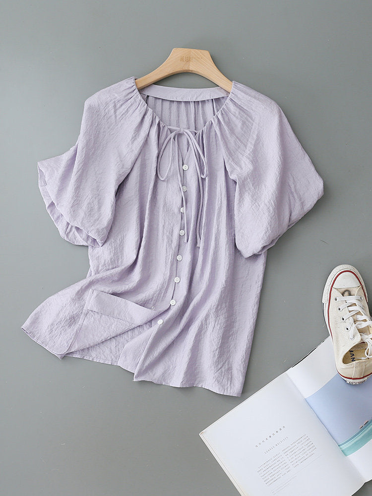 Drawstring Neck Dolman Batwing Short Sleeve Blouse
