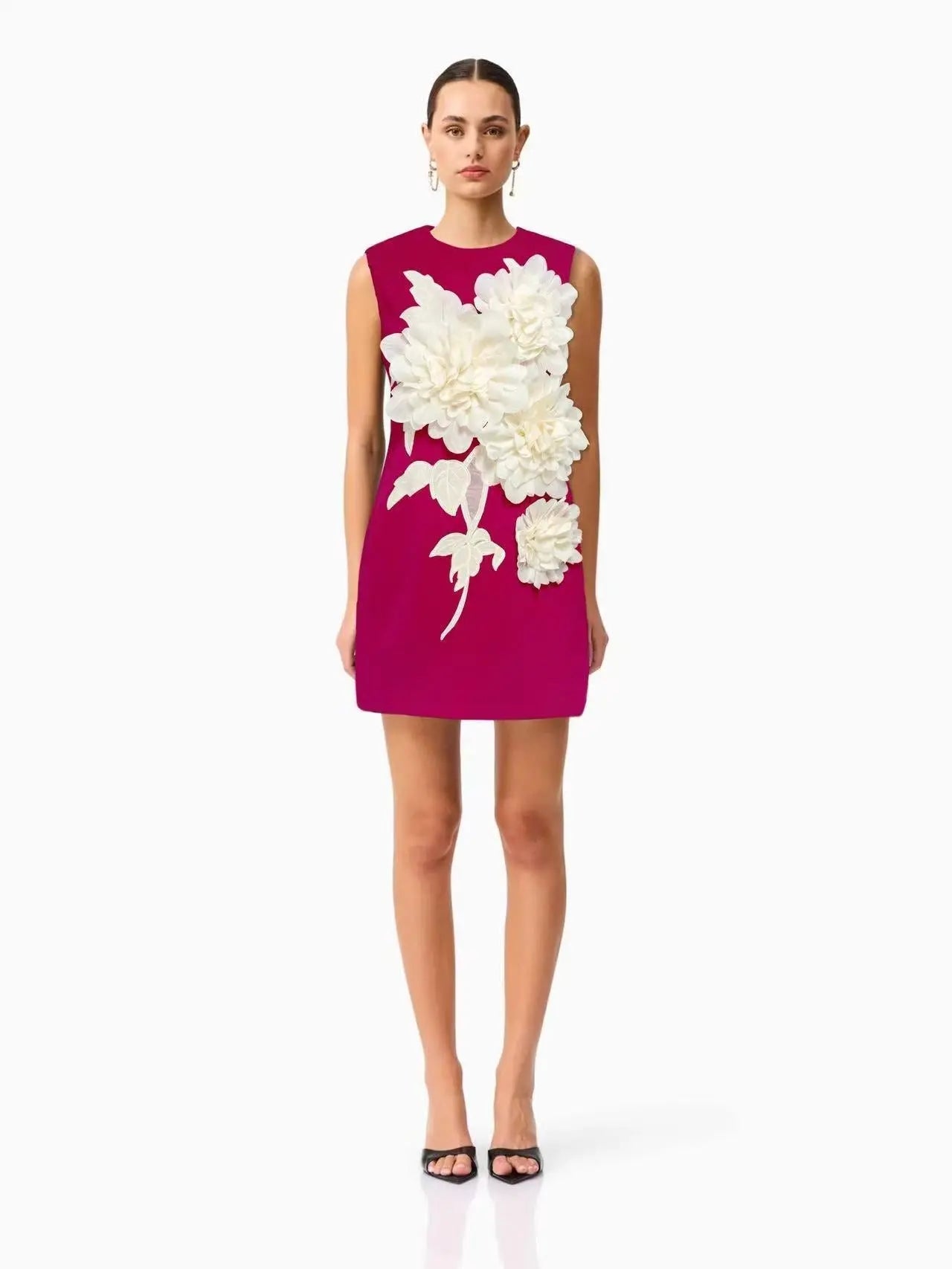 3D Flower Embellished Mini Dress in Black
