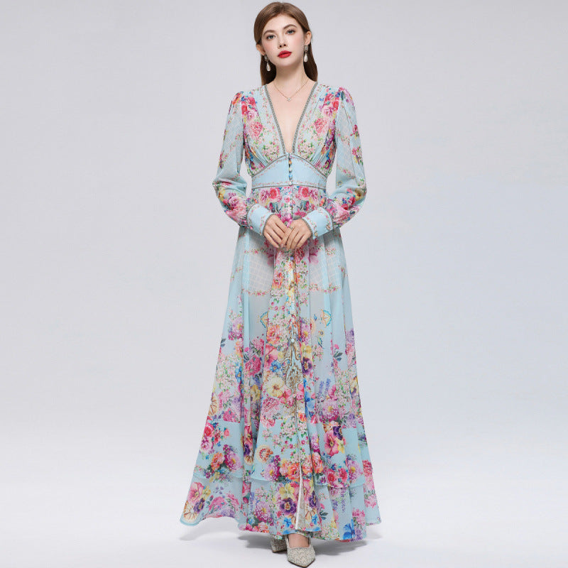 Mesh A-Line Printed Maxi Dress