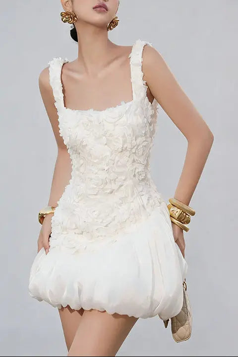 Flower Embellished Puffy Mini Dress in White