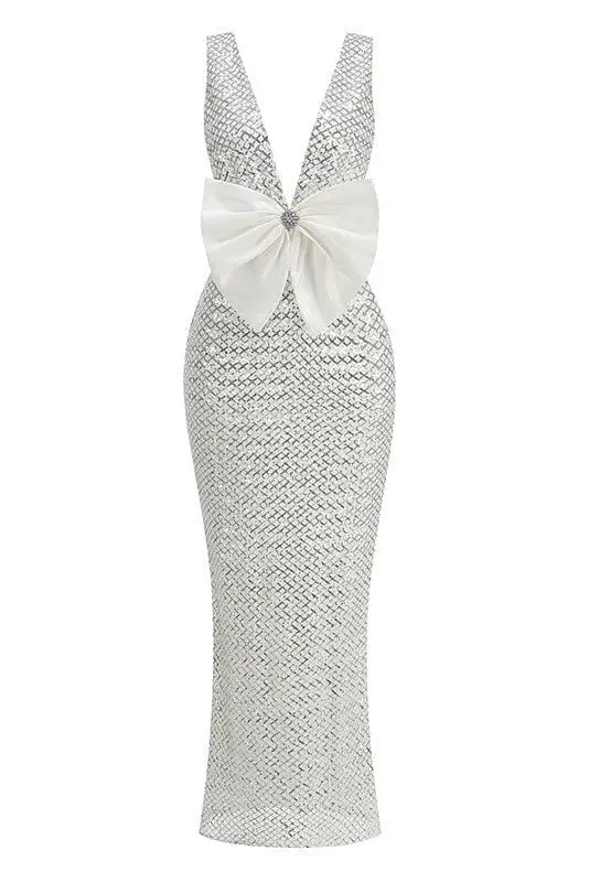 Sequin Embellished V Neck Maxi Dress in Silver