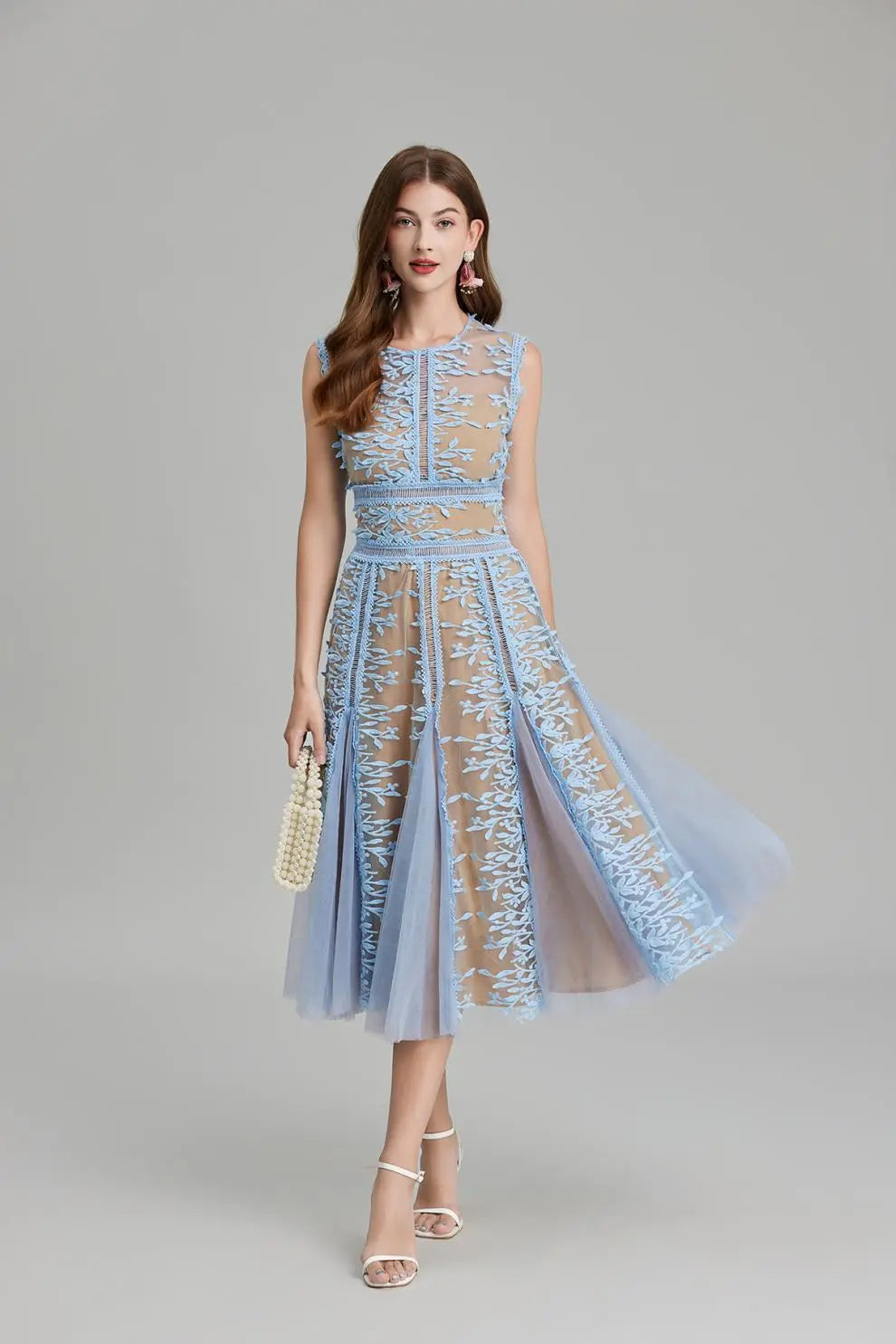 3D Embroidered Lace Mesh Midi Dress in Blue
