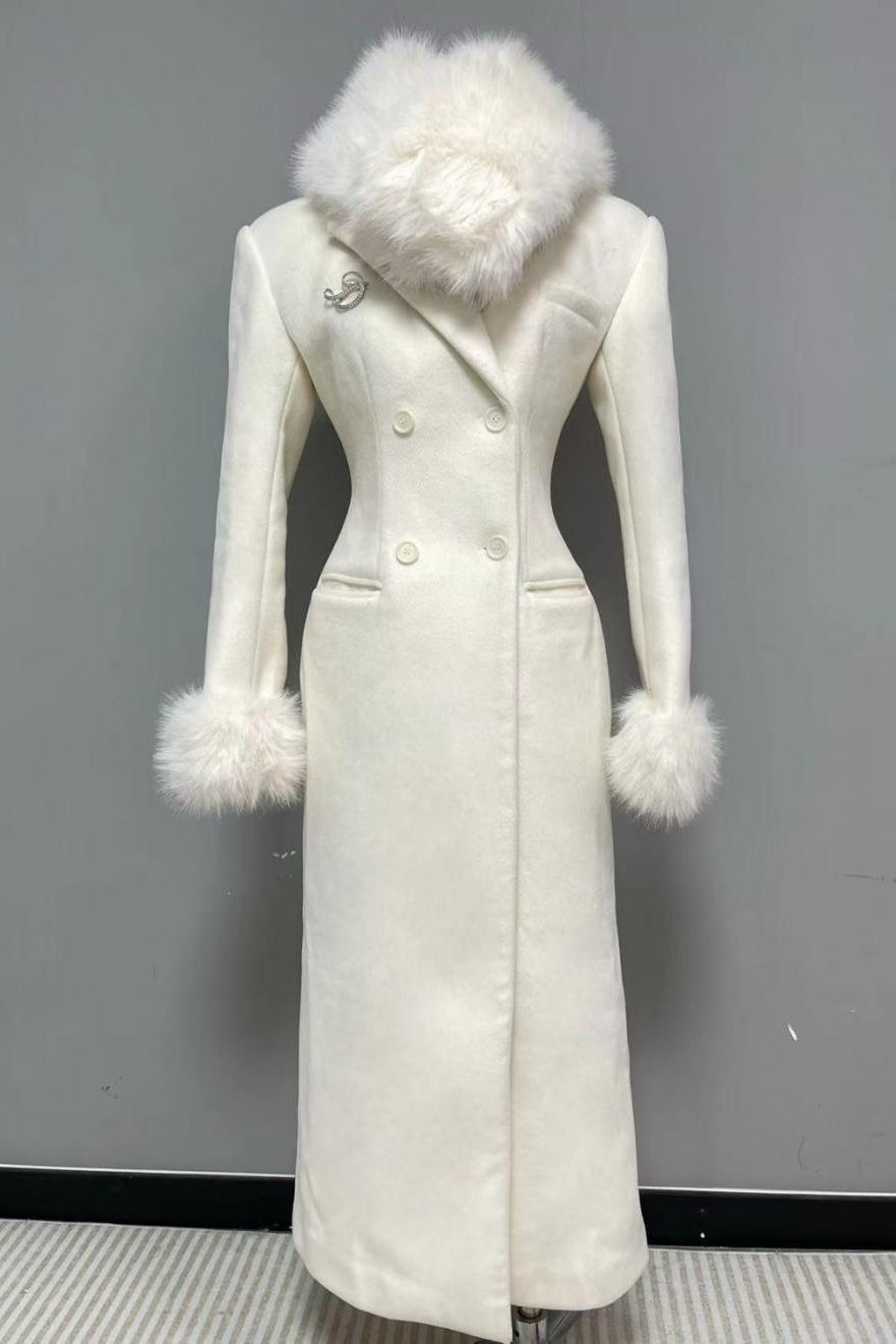 Slim Faux Fur Mid-Length Woolen Coat