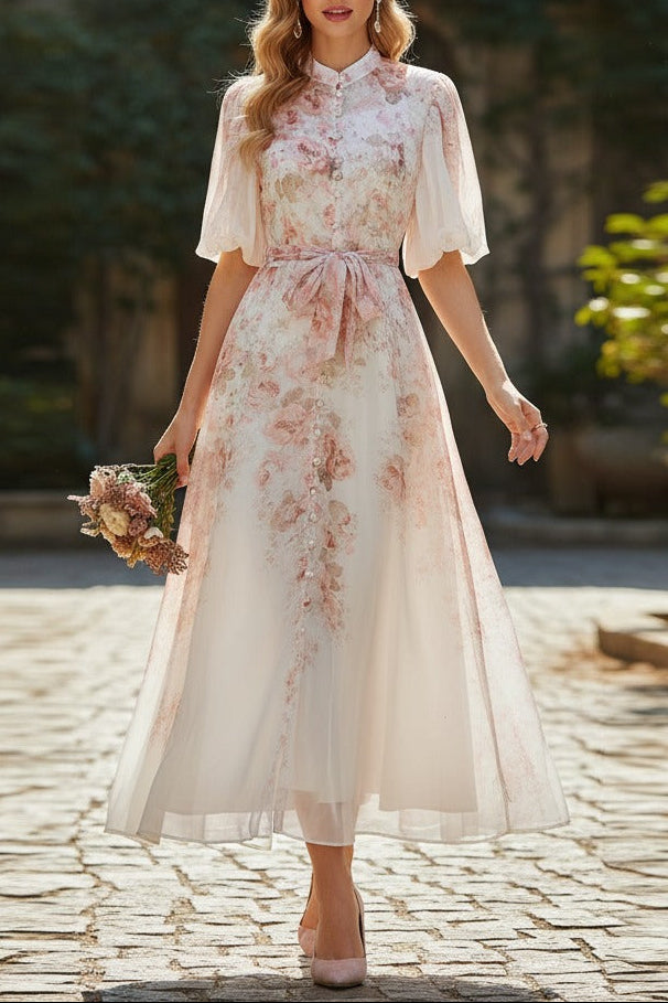 Pink Floral Print Mandarin Collar Maxi Dress