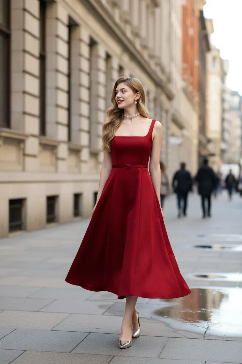 Square Neck Satin Slip Midi Dress - Red