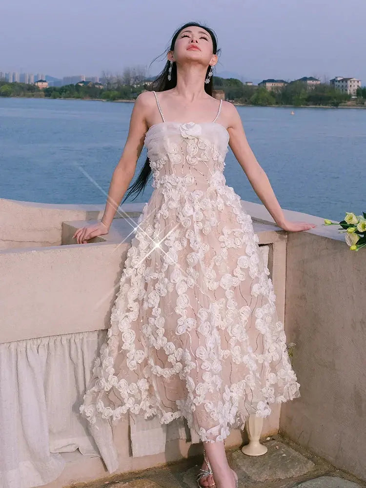Leah White/Beige Sleeveless Flower Dress