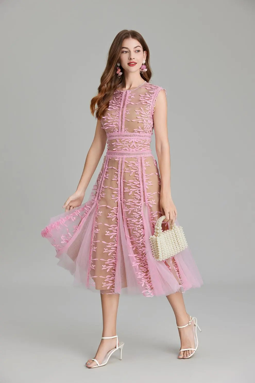 3D Embroidered Lace Mesh Midi Dress in Pink
