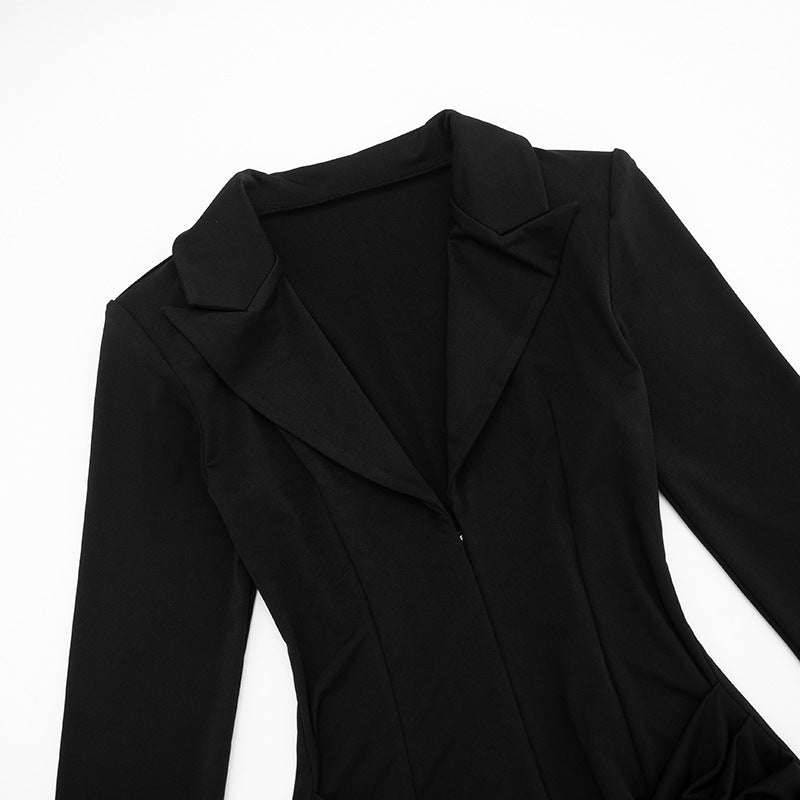 V-Neck Ruched Blazer Mini Dress in Black