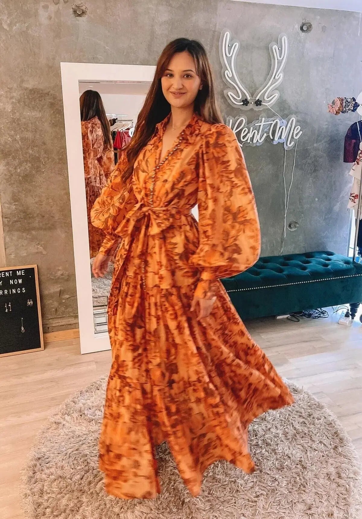 Printed Balloon Sleeve Maxi Dress in Brown