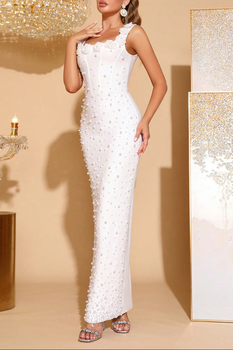 White Flower Square-Neck Elastic Bandage Maxi Dress