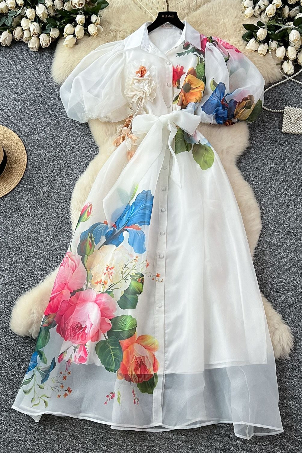 Single-Breasted Floral Printed Puff Sleeve Maxi Dress in Apricot