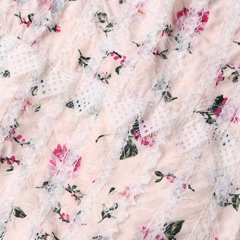 Lace-Trim Long-Sleeve Floral Midi Dress in White